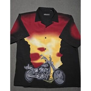 Y2K No‎ Boundaries Orange Sunset Motorcycle Button Down Shirt Men's L Vtg 90s